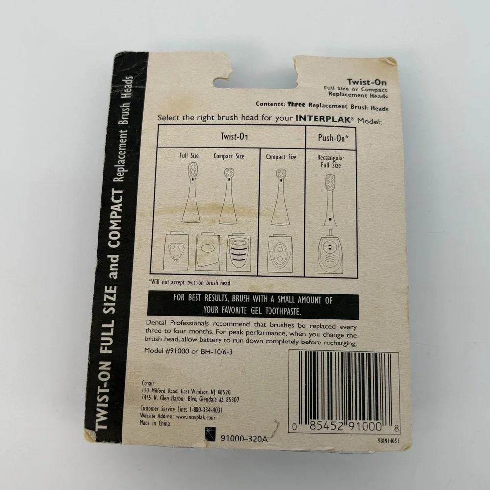 Interplak Power Toothbrush Conair - Replacement Twist On Brush Heads #91000-320A